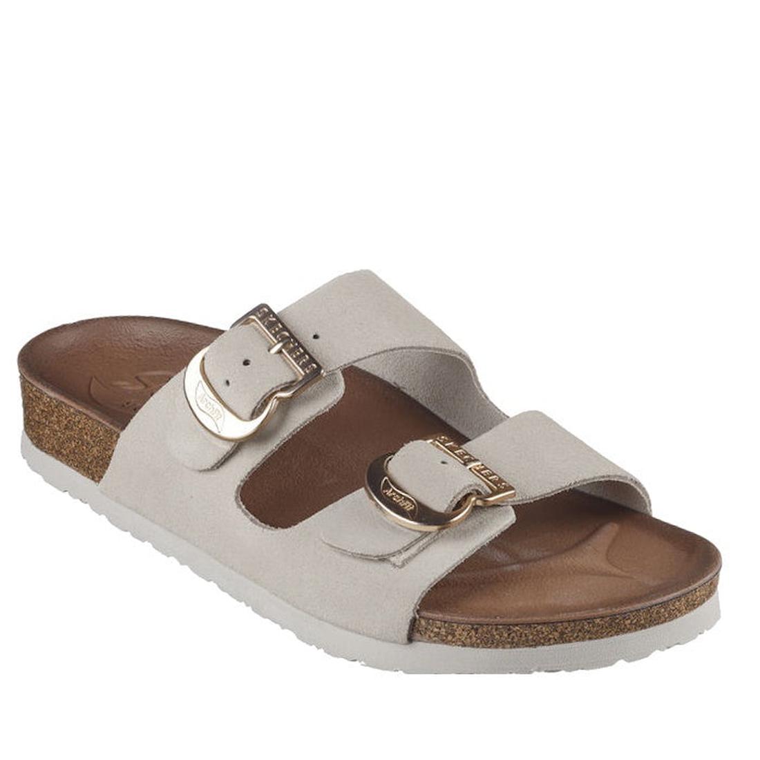 The Skechers Womens Arch Fit Granola Slide Boho Chic features an off-white suede upper, two adjustable buckle straps, a cork footbed with arch support, a white sole, and a brown insole.