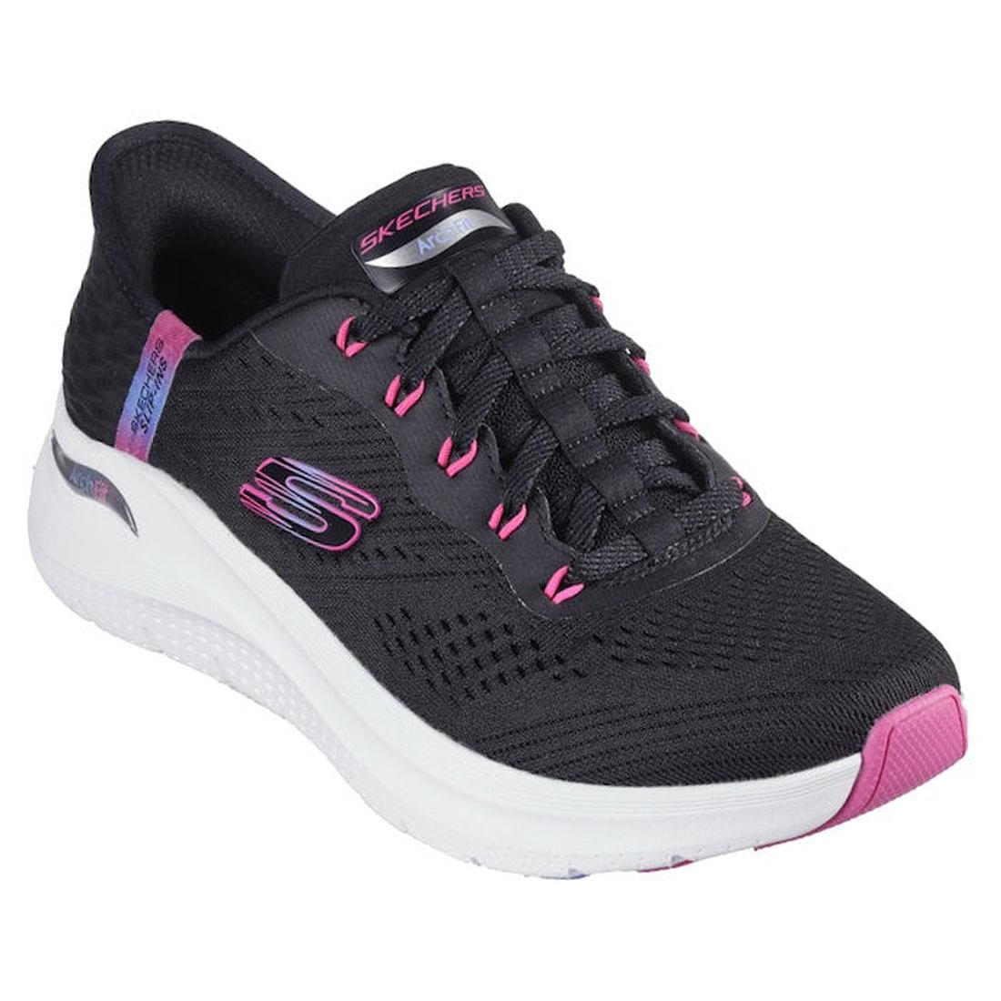 Skechers Arch Fit 2.0 Slip-In Easy Chic Black Hot Pink is a women’s sneaker with mesh upper, white sole, easy slip-on fit, and pops of pink.  ksnz