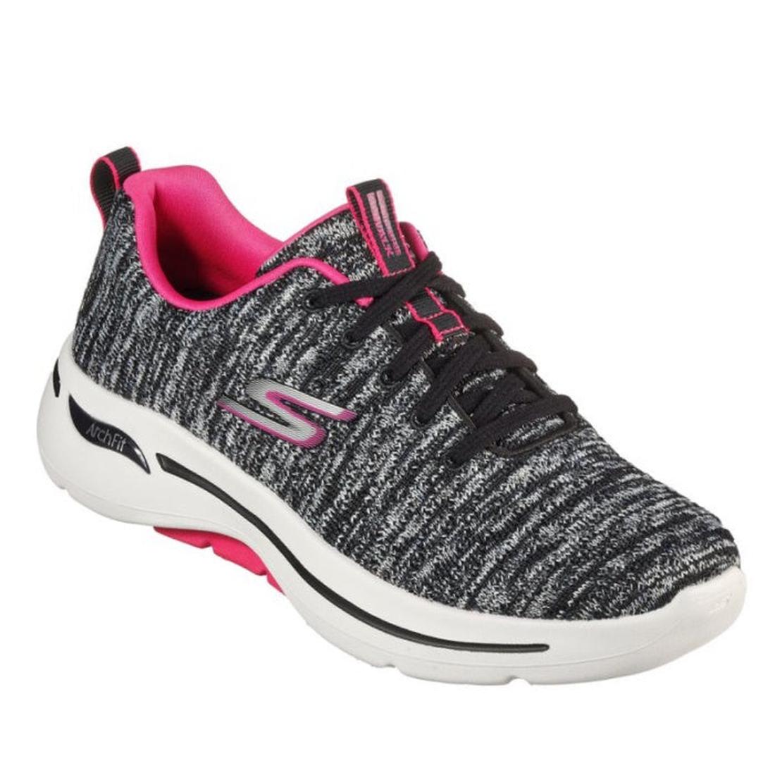 Skechers Arch Fit Lace up Trainer Glee—black and gray knit sneaker with comfy white sole, pink interior, secure laces, and arch support.  ksnz