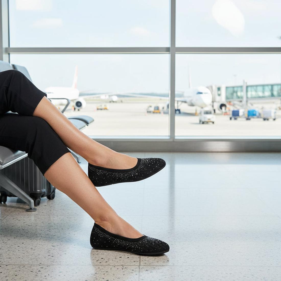 A person sits in an airport terminal with legs crossed, wearing black Womens Skechers Cleo 2.0 Glitzy Daze Ballet Flats and black pants, with airplanes and activity visible through the large windows in the background., 50212, 196989721118, 196989721132, 1
