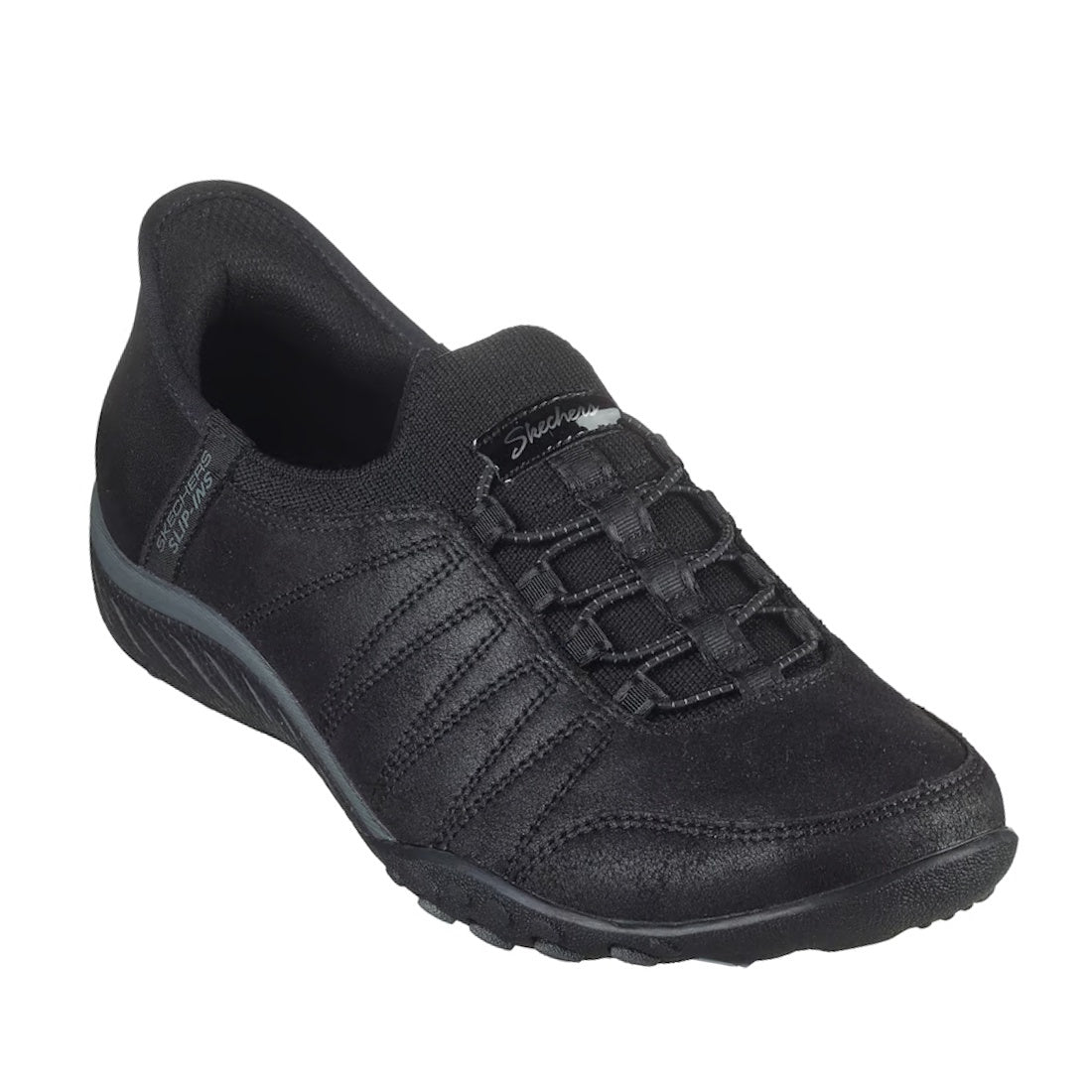 Introducing the Skechers Women's Breathe Easy Home-Body Slip-Ins Sneaker in Black—a sleek black slip-on athletic shoe featuring elastic laces, detailed stitching, a textured sole, and a low-cut design. These sneakers are designed with a cushioned memory f