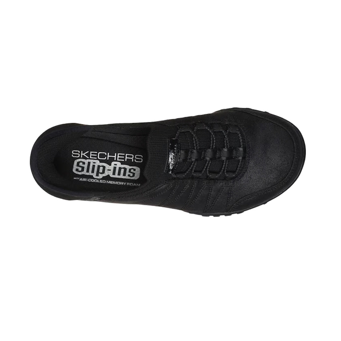A top-down view of the Skechers Womens Breathe Easy Home-Body Slip Ins Sneaker in black, showing elastic laces and "SKECHERS Slip-ins Air-Cooled Memory Foam" on the insole. These vegan slip-on sneakers combine style and comfort with a supportive memory fo