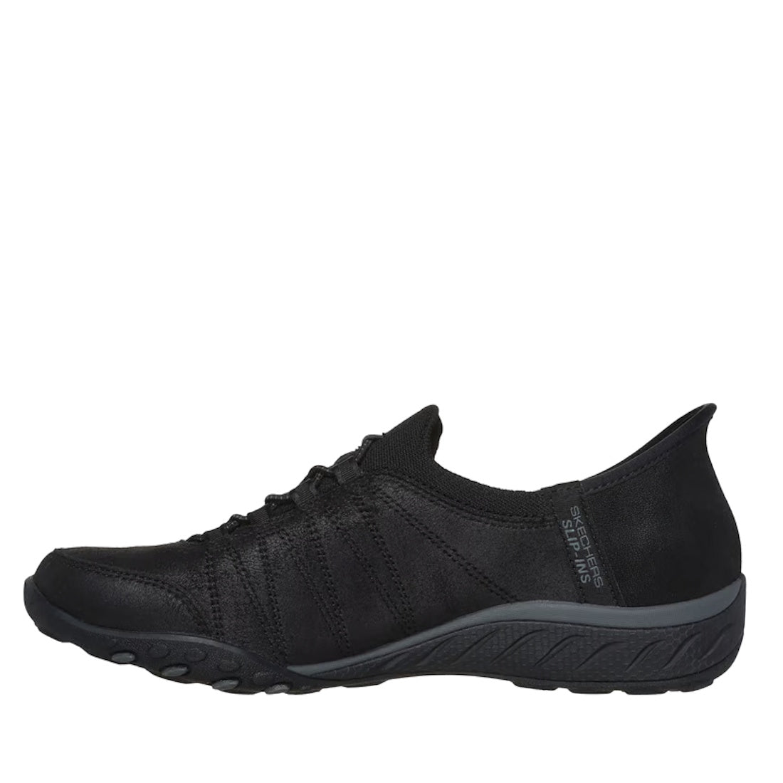Introducing the Skechers Womens Breathe Easy Home-Body Slip Ins Sneaker in black—a comfortable vegan slip-on shoe featuring a low heel, textured sole, and subtle stitching details. Designed for convenience, it includes elastic bands for a secure fit and s