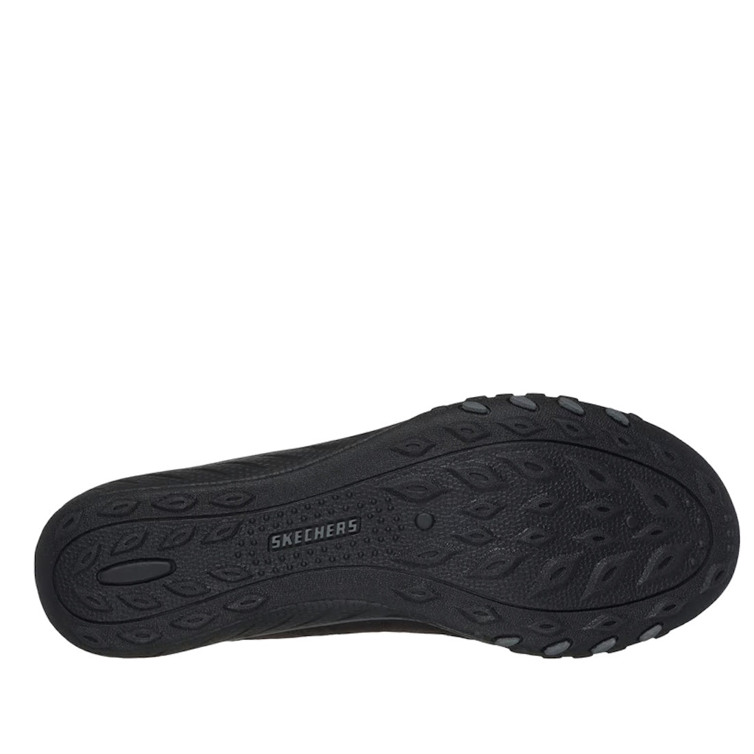 Sole view of the Skechers Women's Breathe Easy Home-Body Slip-Ins Sneaker in Black, featuring a textured tread pattern for grip and a central SKECHERS logo—ideal when paired with the comfort of its memory foam insole and the hands-free convenience of slip