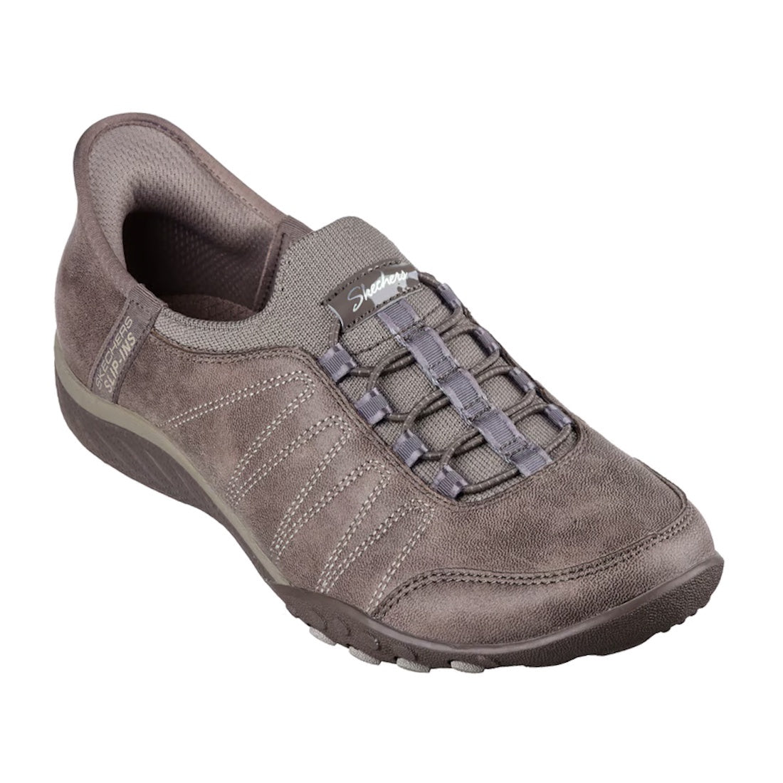 The Skechers Womens Breathe Easy Home-Body WIDE Slip Ins Sneaker in Dark Taupe—a gray slip-on sneaker with elastic laces, stitching details, and a rubber sole, featuring Air-Cooled Memory Foam for cushioned comfort—is displayed at an angle on a white back