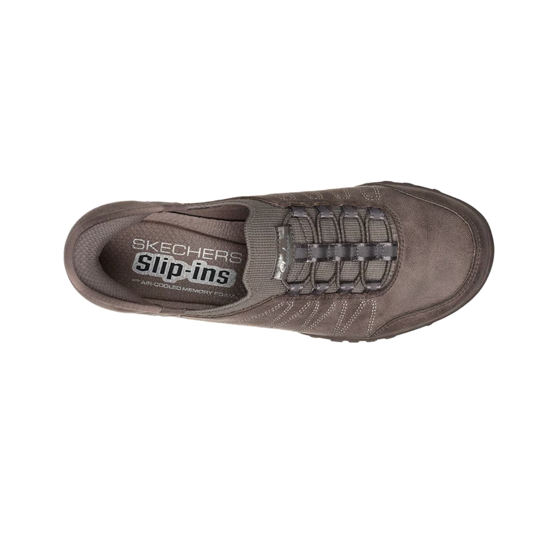 Top view of a Skechers Womens Breathe Easy Home-Body WIDE Slip Ins Sneaker in Dark Taupe, showcasing elastic no-tie laces and visible stitching details, and featuring an Air-Cooled Memory Foam insole., 199025138468, 199025138482, 199025138505, 19902513852