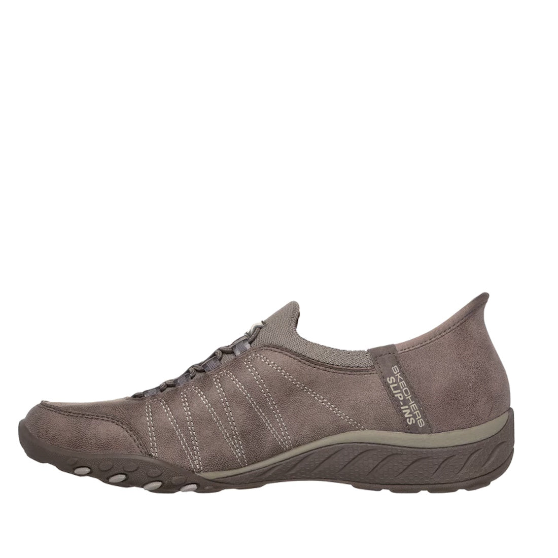 The Skechers Womens Breathe Easy Home-Body WIDE Slip Ins Sneaker in Dark Taupe is a vegan slip-on shoe featuring elastic bungee laces, contrast stitching, and the Skechers logo near the heel on the side. It boasts a textured sole and Air-Cooled Memory Foa