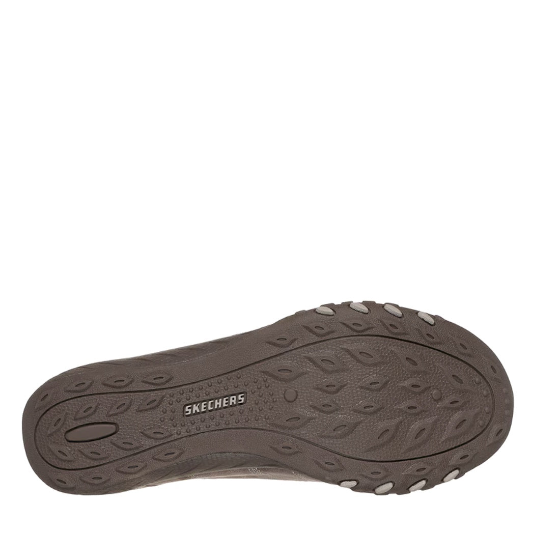 The sole of the Skechers Women's Breathe Easy Home-Body WIDE Slip-Ins Sneaker in Dark Taupe is shown from the bottom, displaying a brown, textured tread with leaf-shaped patterns and a central Skechers logo. This sole is part of the convenient Hands Free 