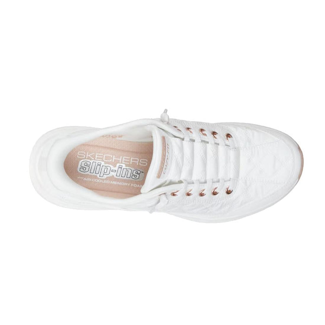 Top view of the Skechers Womens Slip In Contour Foam Golden Hour Cozy Fit sneaker in white with rose-gold accents and a cushioned insole for all-day comfort., 49547, 198739849509, 198739849523, 198739849530, 198739849547, 198739849554, 198739849561, 19873