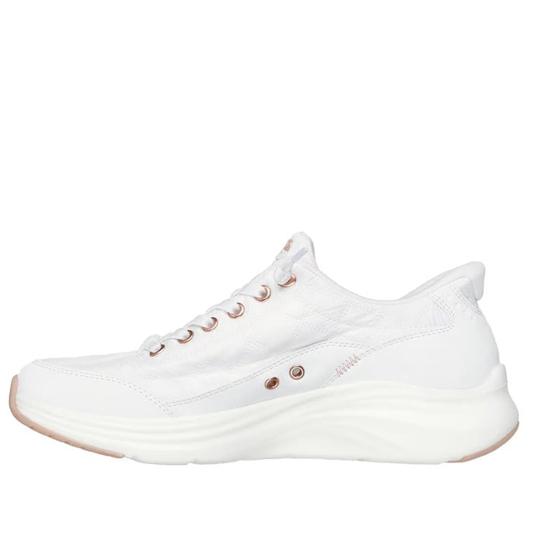 The Skechers Womens Slip In Contour Foam Golden Hour Cozy Fit in White Rose Gold is a white athletic shoe with a cushioned sole, rose gold eyelets, and Air-Cooled Memory Foam, shown in side profile on a plain white background., 49547, 198739849509, 198739