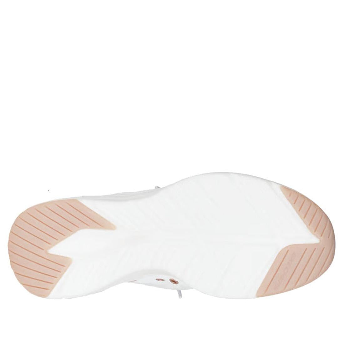 The image shows the bottom view of Skechers Womens Slip In Contour Foam Golden Hour Cozy Fit White Rose Gold, featuring a white sole with light pink rubber grip at the toe and heel, plus grooves and textured patterns for traction., 49547, 198739849509, 19