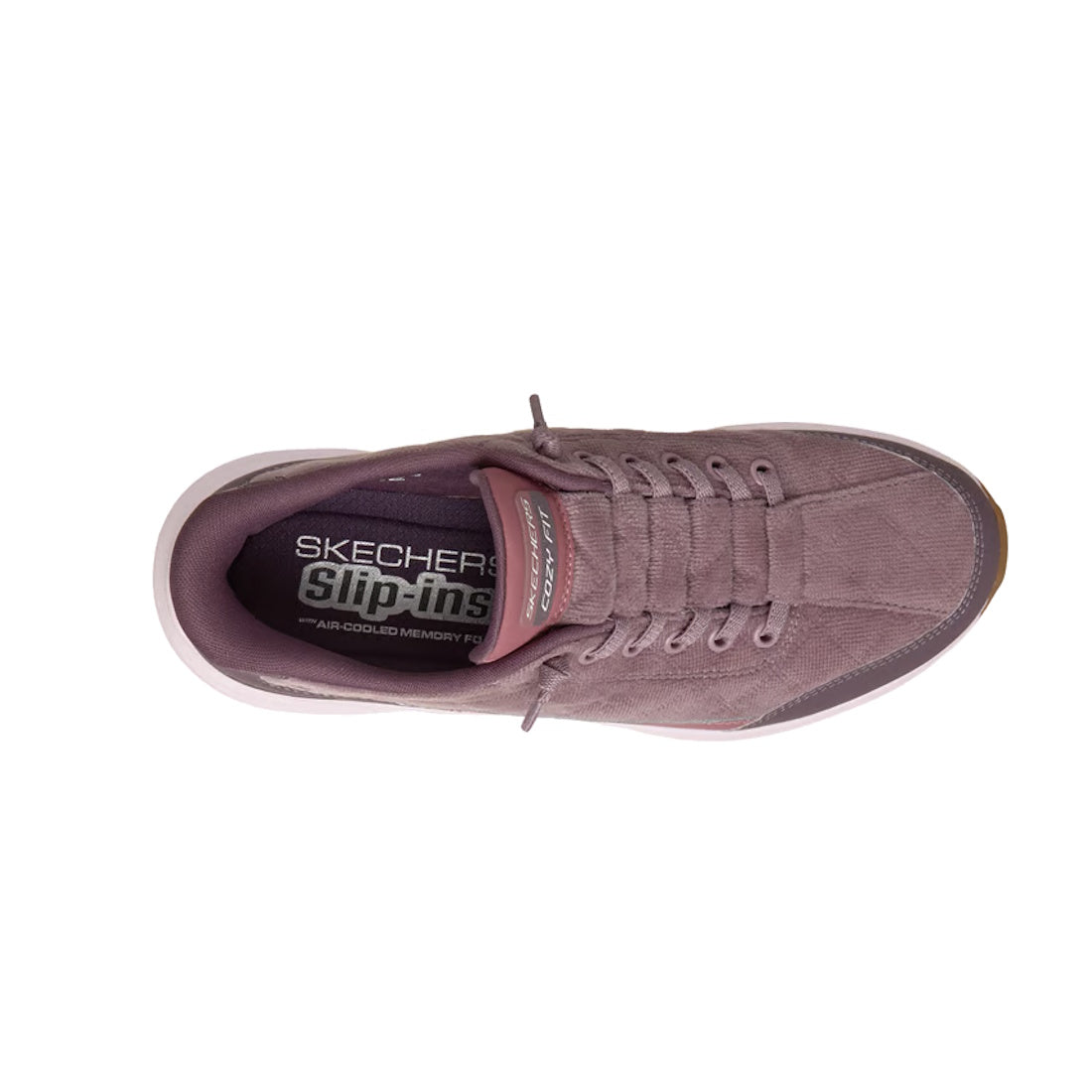 A top view of the Skechers Womens Slip In Contour Foam Luxe Comfort Purple sneaker, featuring a suede upper in mauve, visible Air-Cooled Memory Foam insole, and lace-up design. The interior label reads Skechers Slip-ins Air-Cooled Memory Foam., 52705, 527