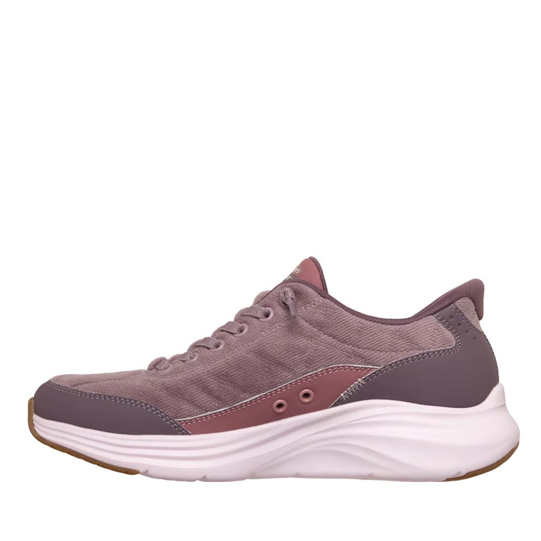 Side view of the Skechers Womens Slip In Contour Foam Luxe Comfort Purple athletic sneaker, showcasing the Hands Free Slip-ins design for easy wear. Features include a mauve mesh upper with subtle darker overlays on the toe, heel, and along the lace-up fr