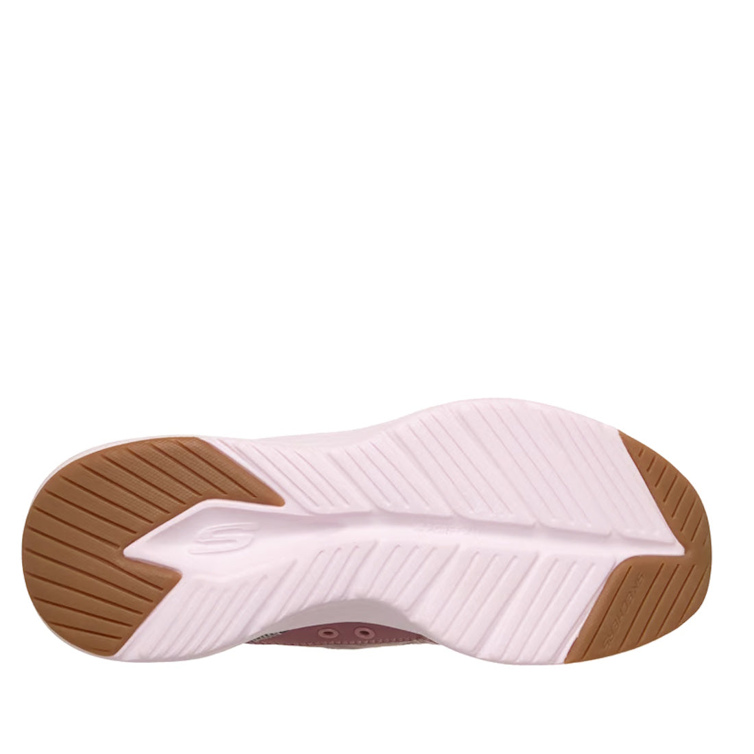 The underside of the Skechers Womens Slip In Contour Foam Luxe Comfort Purple sneaker displays a light pink sole with grooved tread patterns and brown accents at the toe and heel, highlighting the hands-free slip-in design enhanced by Contour Foam for sup