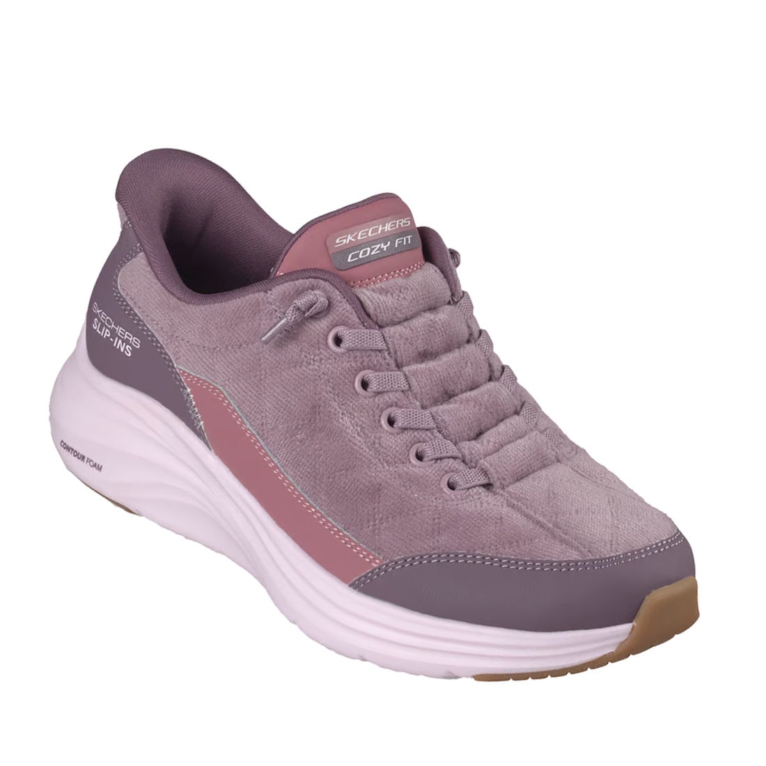 A purple Skechers Womens Slip In Contour Foam Luxe Comfort sneaker with pink and gray accents, a white cushioned sole, Air-Cooled Memory Foam, and laces, angled to the left on a white background.