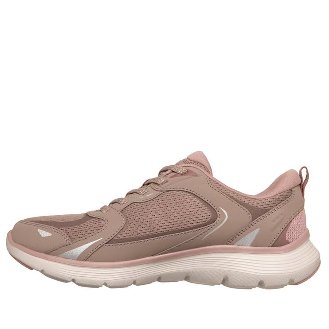 The Skechers Womens Flex Appeal 3.0 Retro Rush Dark Rose sneaker in light pink and beige features mesh panels, synthetic overlays, a white curved midsole, Air-Cooled Memory Foam cushioning, and a pink outsole shown in left profile on a white background., 