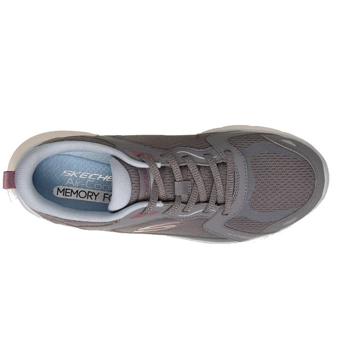 Top view of a Skechers Womens Flex Appeal 3.0 Retro Rush Charcoal Grey sneaker featuring mesh fabric, gray laces, sporty design, and a light blue insole labeled Skechers Air-Cooled Memory Foam., 49738, 49739, 198739845242, 198739845259, 198739845266, 1987