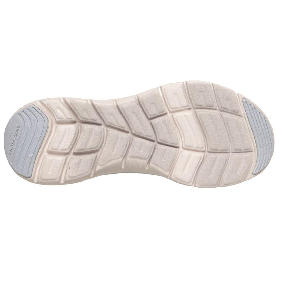 The image shows the bottom view of the Skechers Womens Flex Appeal 3.0 Retro Rush Charcoal Grey, featuring a textured, grid-like tread and grey rubber sections at the toe and heel for enhanced grip and sporty style., 49738, 49739, 198739845242, 1987398452