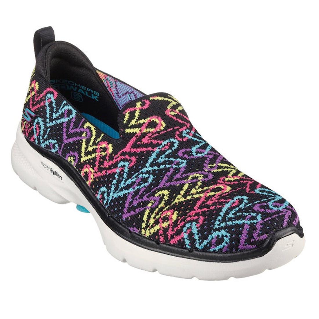 Skechers Go Walk 6 Golden Charm JGoldcrown kids’ slip-on, in black mesh with colorful zigzags, easy on/off, snug white sole.  ksnz