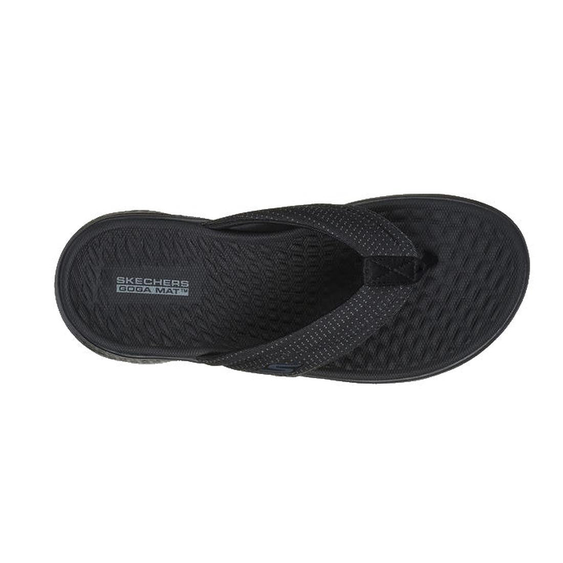 A black Skechers Go Walk Flex Sandal Impress Slide, shown from above, features a textured footbed and fabric thong strap. The insole reads Skechers Goga Mat for comfort, ideal for women's jandals fans., 197627864822, 197627864839, 197627864846, 1976278648