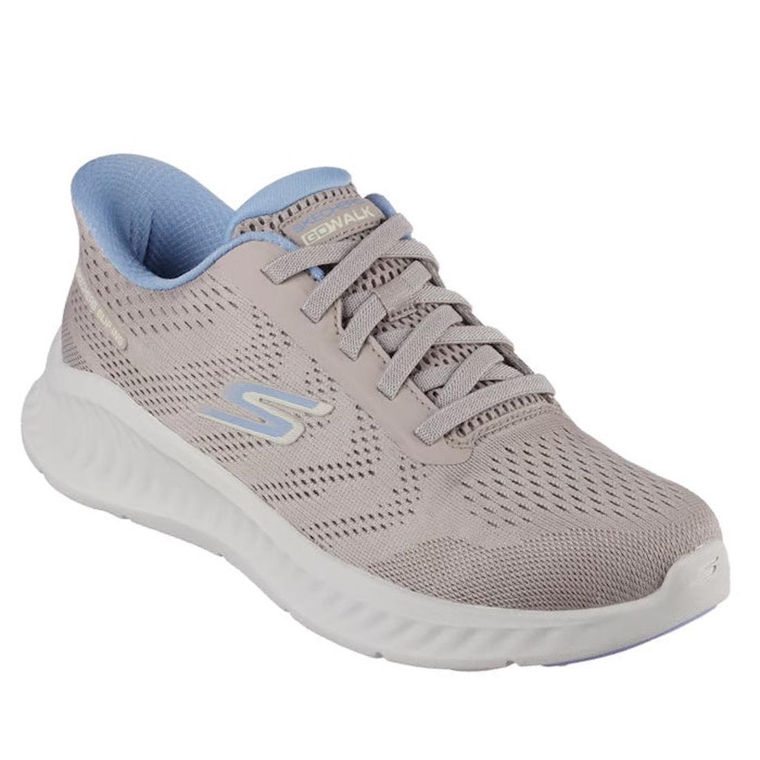 The Skechers Womens Slip Ins Go Walk Now Khloe Taupe Blue is a light gray sneaker with a white textured sole, light blue lining and laces, mesh upper, Air-Cooled Goga Mat insole, and stylized S logo on the side.