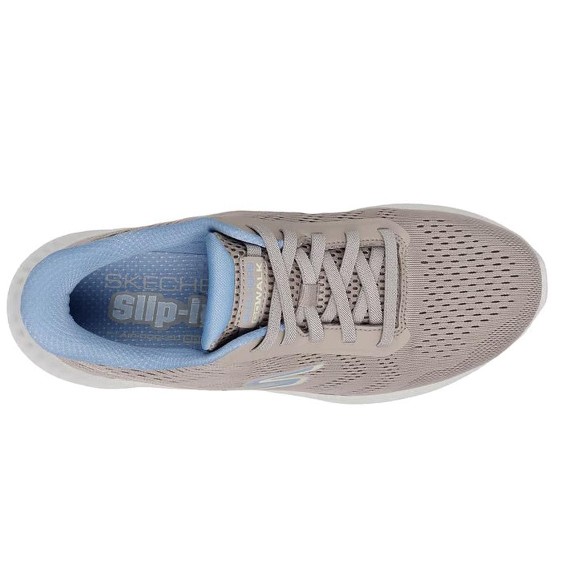 Top view of Skechers Womens Slip Ins Go Walk Now Khloe in Taupe Blue, featuring blue lining, ventilated mesh upper, Hands Free Slip-ins insole branding, and Air-Cooled Goga Mat comfort technology., 198376872090, 198376872113, 198376872137, 198376872151, 1