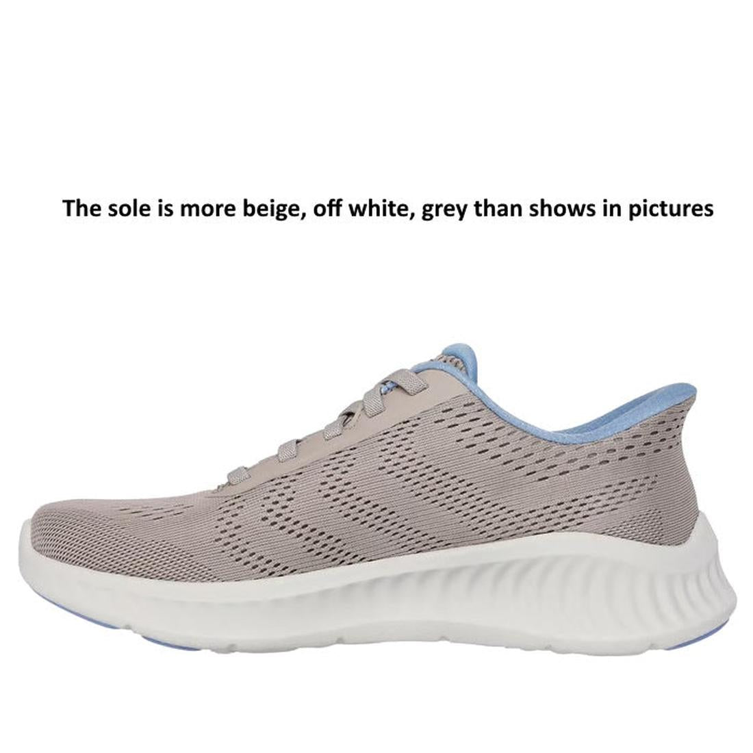 The Skechers Womens Slip Ins Go Walk Now Khloe Taupe Blue is a beige athletic shoe with a thick, off-white sole and blue accents. Features Hands Free Slip-ins and Air-Cooled Goga Mat comfort. Sole appears more beige/off white/grey than in pictures., 19837