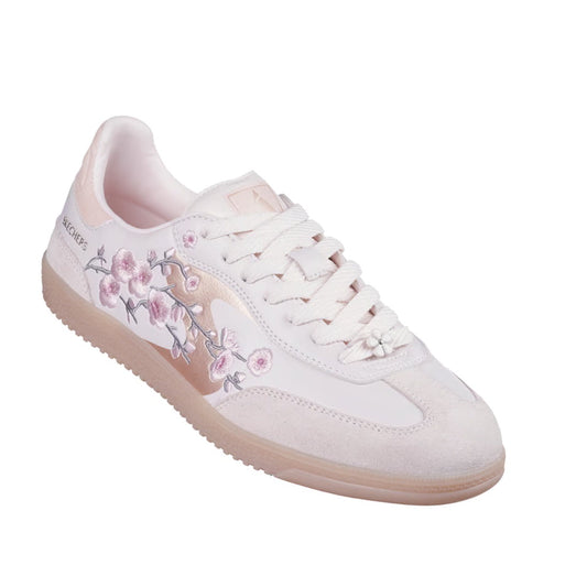 The Skechers Women's HotShot Blooming Blossoms Court Shoe in light pink features a delicate cherry blossom design on the side, crisp white laces, a translucent sole, and the brand name near the heel, all while delivering all-day comfort with its Air-Coole