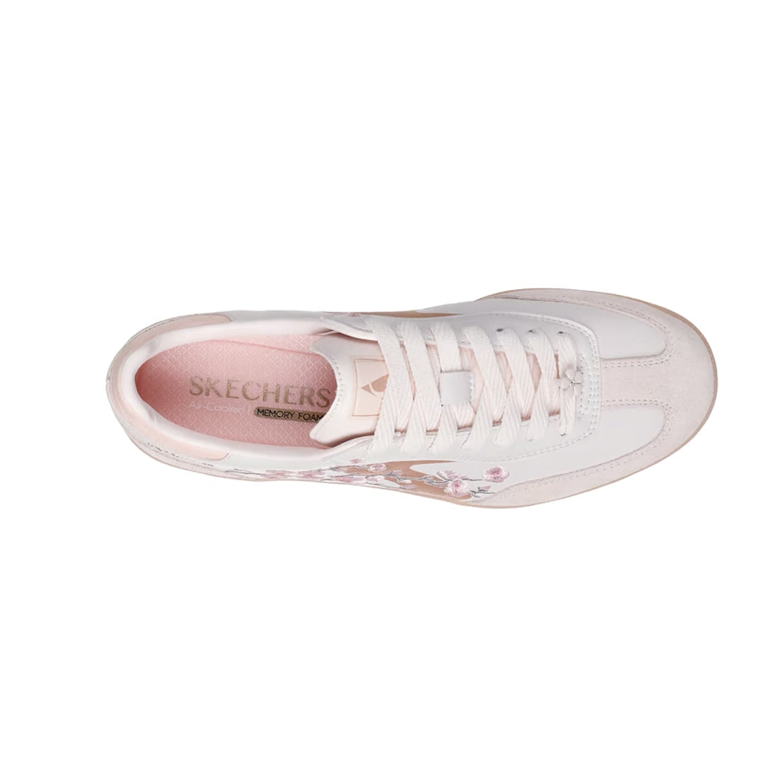 A top view of the Skechers Womens HotShot Blooming Blossoms Court Shoe in Light Pink shows a white sneaker with floral embroidery along the side and a soft light pink interior lining. Featuring Air-Cooled Memory Foam for all-day comfort, it's an ideal cho