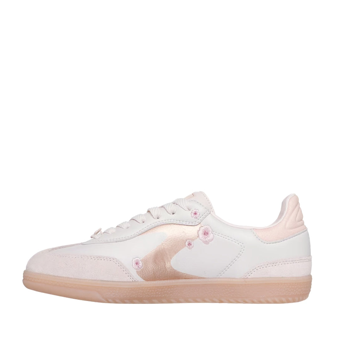 A left-side view of the Skechers Women’s HotShot Blooming Blossoms Court Shoe in light pink, featuring white and light pink tones, a gum sole, floral pink eyelets, and a shiny wavy pink accent on the side. These stylish sneakers also include Air-Cooled Me