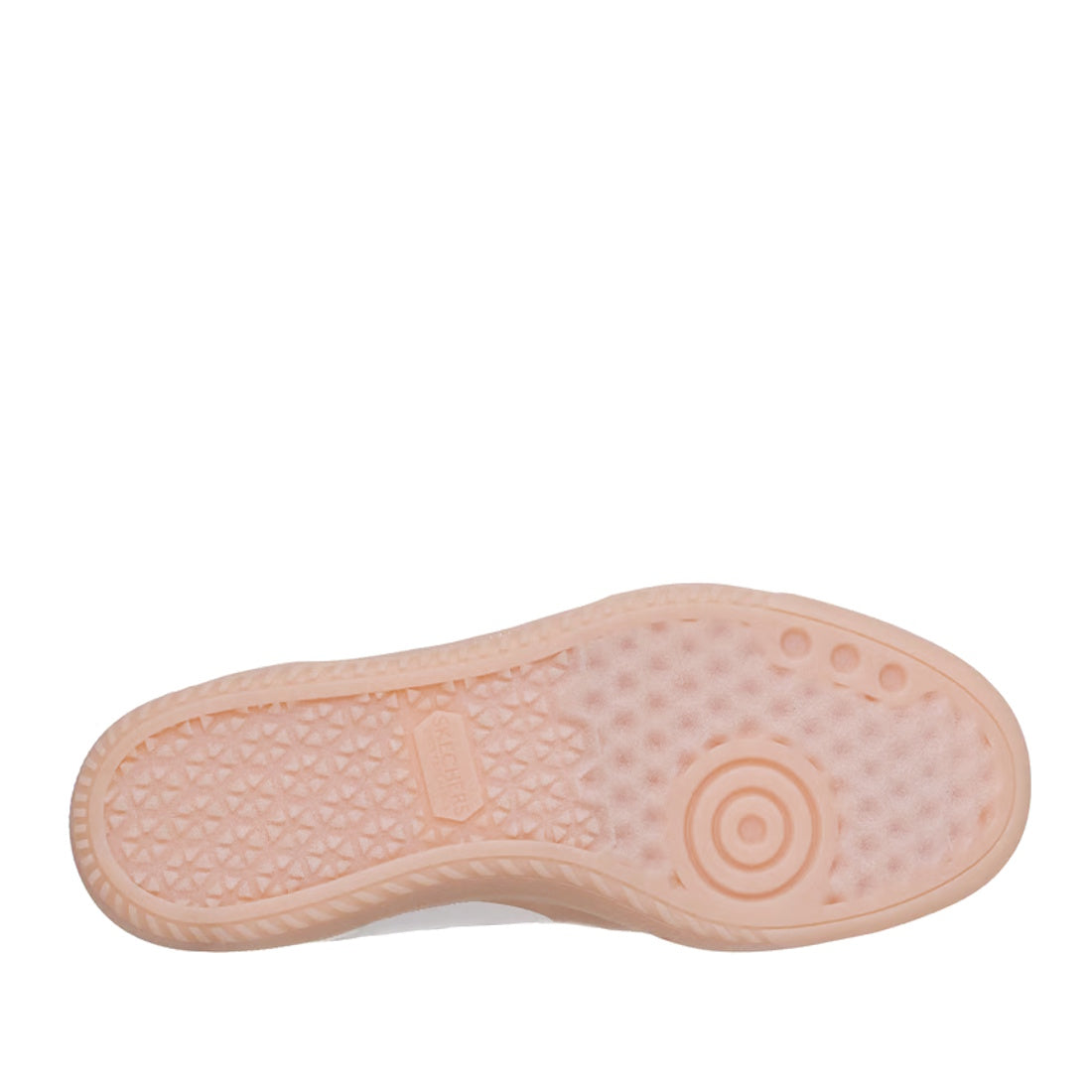 The image shows the sole of the Skechers Womens HotShot Blooming Blossoms Court Shoe in light pink, featuring textured patterns such as circles, triangles, and small raised bumps for added grip. This stylish sneaker blends trendy floral design with comfor