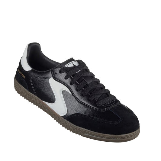 The Skechers Womens HotShot Perfect KickOff Sneaker in black features white side detailing, black laces, a brown sole, and gold text on the heel. Shown angled against a white background, this court-style sneaker offers all-day comfort with its Air-Cooled 