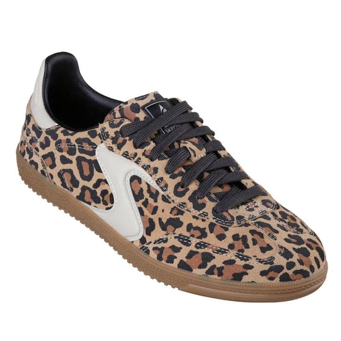 The Skechers Womens HotShot On The Prowl Leopard Suede Sneaker is a low-top shoe with a tan and black leopard print, black laces, white side and heel accents, brown rubber sole, and Air-Cooled Memory Foam for all-day comfort.