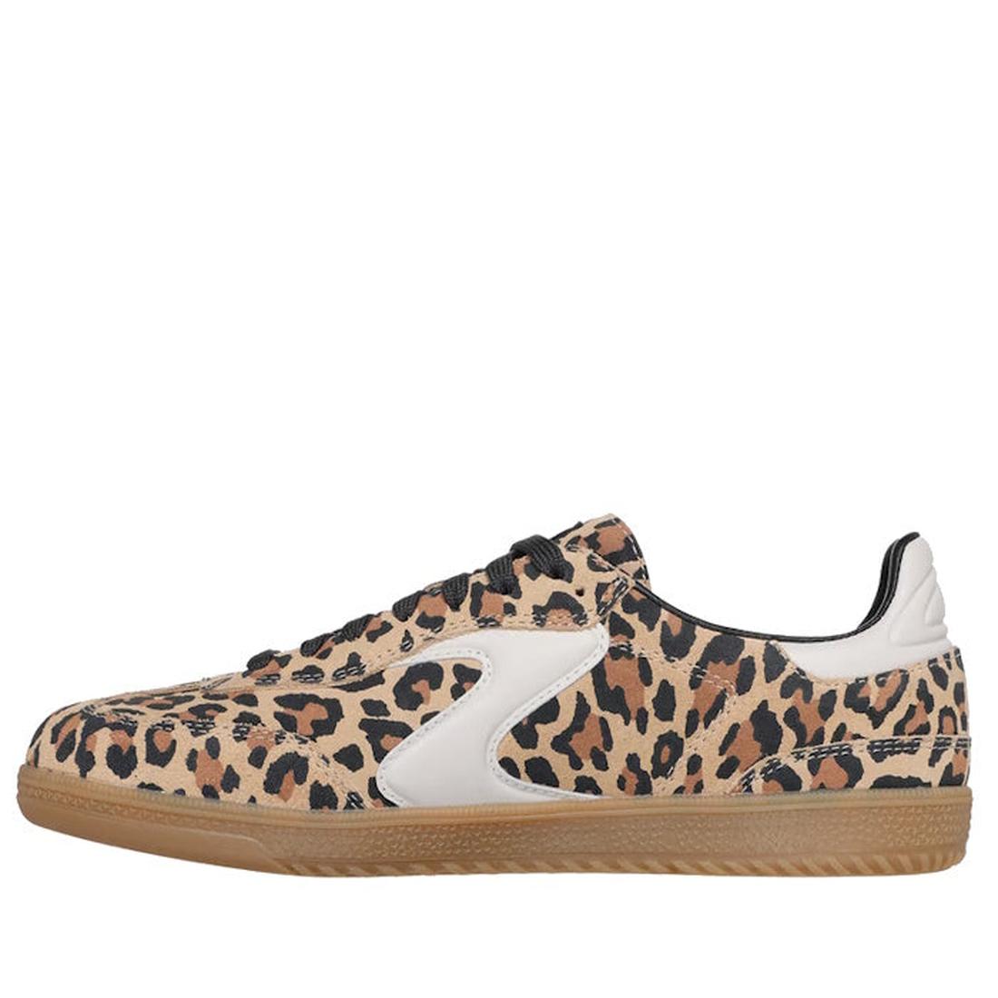 The Skechers Womens HotShot On The Prowl Leopard Suede Sneaker features a low-top animal print design with tan and black leopard spots, white accents, Air-Cooled Memory Foam cushioning, and a light brown gum sole, shown in left side profile., 52252, 19902