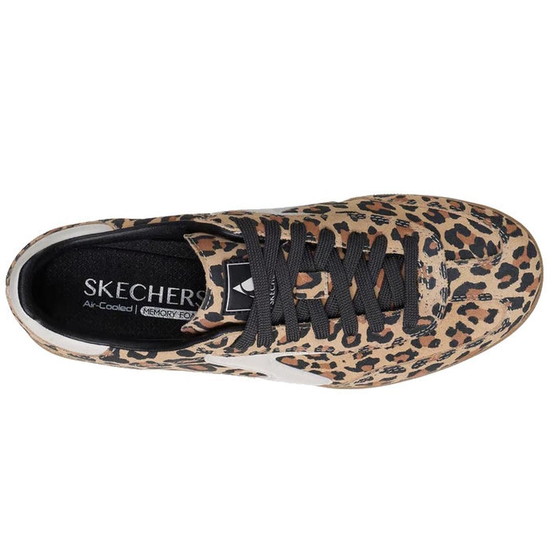 Top view of the Skechers Womens HotShot On The Prowl Leopard Suede Sneaker, featuring a leopard print, black laces, and a black insole with Skechers logo and Air-Cooled Memory Foam branding., 52252, 199025014359, 199025014373, 199025014380, 199025014397, 