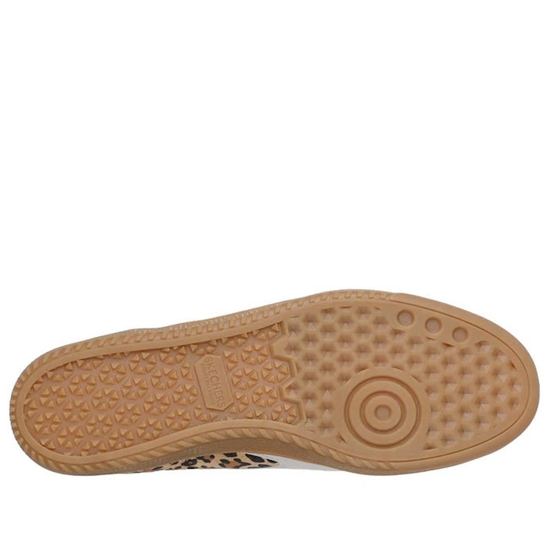 The image shows the sole of the Skechers Womens HotShot On The Prowl Leopard Suede Sneaker, featuring a tan rubber base with grip-enhancing textures. Leopard print suede is visible at the edges, highlighting its bold animal-inspired design., 52252, 199025