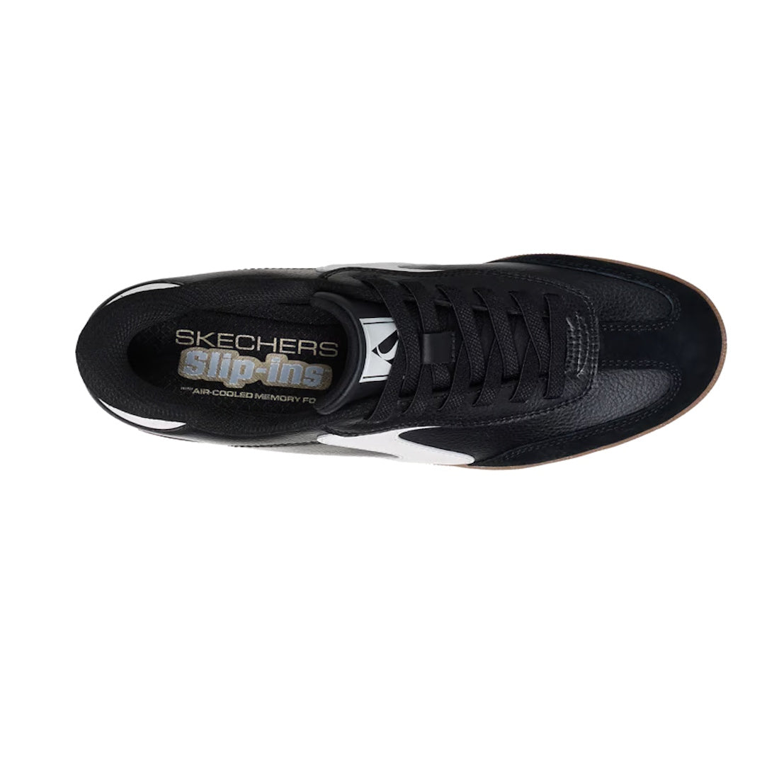 Top view of the Skechers Womens HotShot Perfect Choice WIDE Slip Ins Sneaker in black, featuring white accents, a wide width design, and “Air Cooled Memory Foam” visibly printed on the insole., 52668, 198739466966, 198739466980, 198739467000, 198739467024