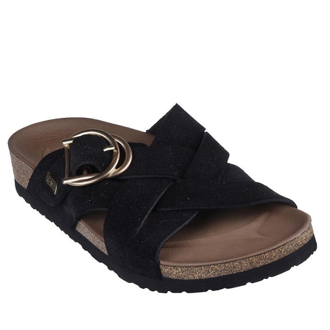 The Skechers Womens Arch Fit Granola Natural Hangout Slide features a black suede upper with crisscross straps, a large gold buckle, memory foam footbed for comfort, and a textured black rubber sole.