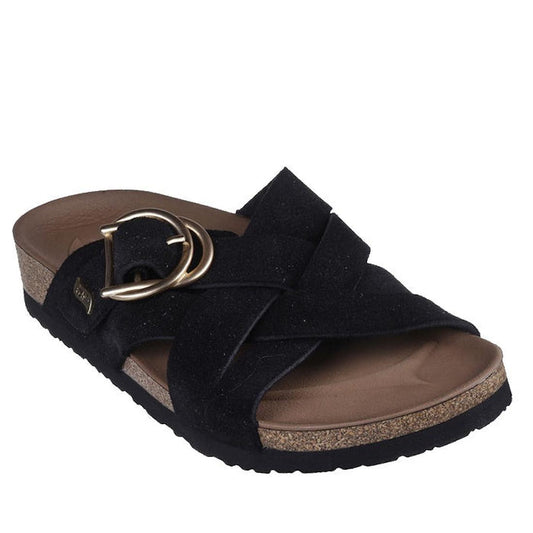 The Skechers Womens Arch Fit Granola Natural Hangout Slide features a black suede upper with crisscross straps, a large gold buckle, memory foam footbed for comfort, and a textured black rubber sole.