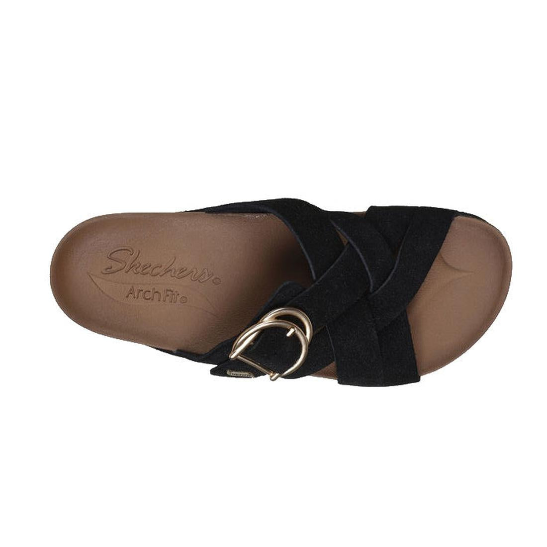 A top view of the Skechers Womens Arch Fit Granola Natural Hangout Slide featuring a black suede upper with crisscross straps, a gold buckle accent, and a cushioned memory foam footbed on a white background., 41593, 198376647384, 198376647391, 19837664740