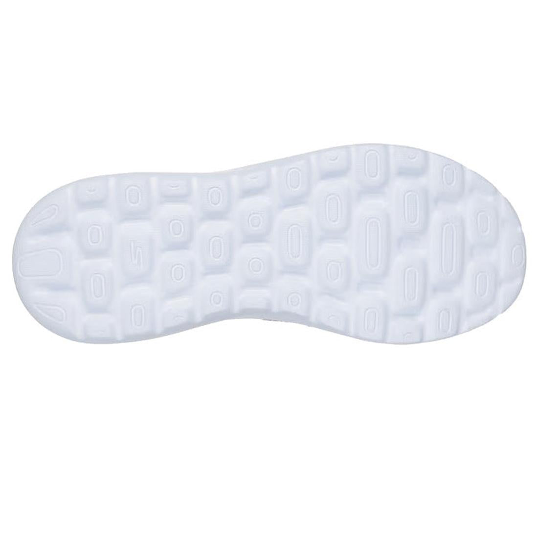 The Skechers Womens Slip In Go Walk Arch Fit N-Joy Arianne Blue features a white rubber sole with an irregular textured pattern of raised ovals and rectangles for optimal traction, perfect for vegan slip-on walking shoes., 50456, 50457, 199025434881, 5045