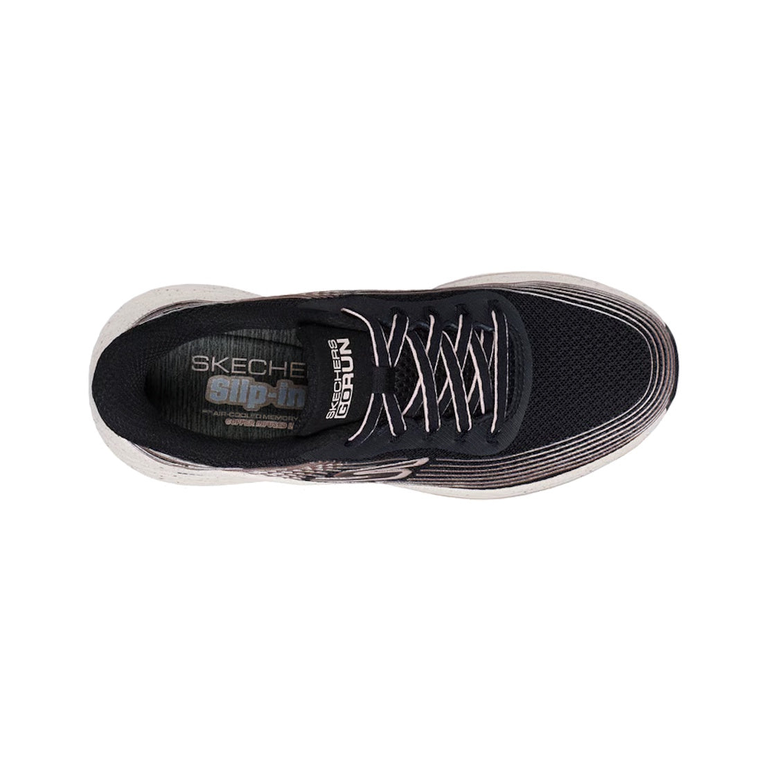 Top view of the Skechers Womens Slip In Max Cushioning Elite 2.0 Kaplan Trainer in Black Rose Gold, featuring a black mesh upper with white accents, black laces, and visible “Slip-ins” branding on the insole. This athletic shoe showcases a white sole with