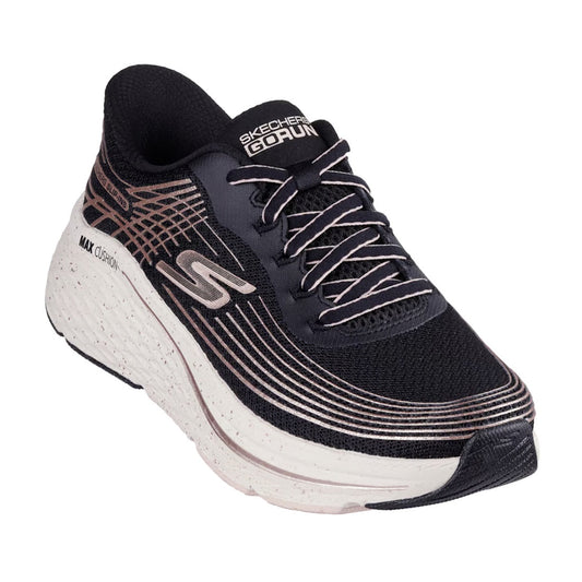 The Skechers Womens Slip In Max Cushioning Elite 2.0 Kaplan Trainer in Black Rose Gold is shown at an angle on a white background, highlighting its black upper with rose gold and white accents, Air-Cooled Memory Foam for enhanced comfort, a thick white sp
