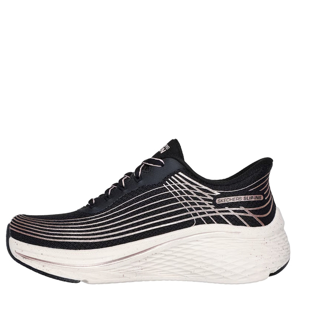 A black athletic shoe with white and light pink accents, the Skechers Womens Slip In Max Cushioning Elite 2.0 Kaplan Trainer in Black Rose Gold features curved lines, a thick white textured sole, and Skechers Slip-Ins branding on the side near the heel. I