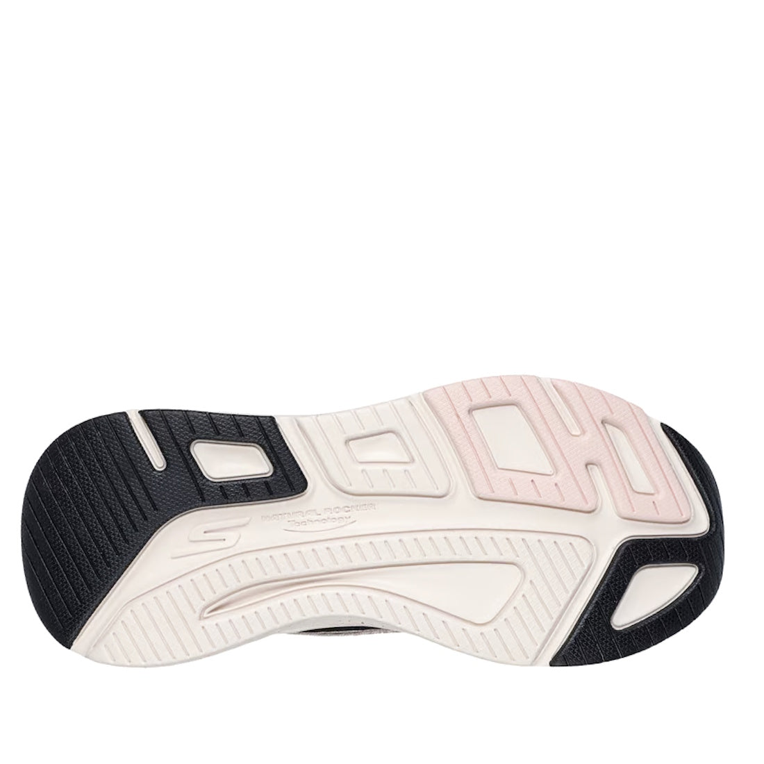 The image displays the sole of the Skechers Womens Slip Ins Max Cushioning Elite 2.0 Kaplan Trainer in Black Rose Gold, featuring black, white, and light pink sections with textured patterns for grip and a prominent S logo at the center. This design is pa
