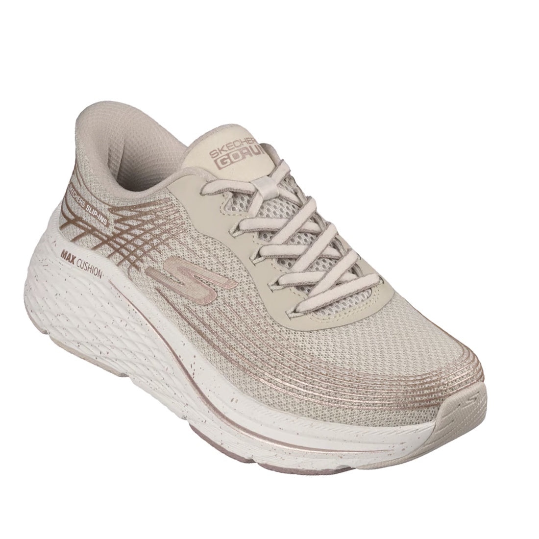 A Skechers Womens Slip In Max Cushioning Elite 2.0 Kaplan Trainer in Natural Gold, featuring a mesh fabric upper, a slip-in design for easy wear, lace-up closure, textured sole with MAX CUSHION text on the midsole, an S logo at the side, and Air-Cooled Me