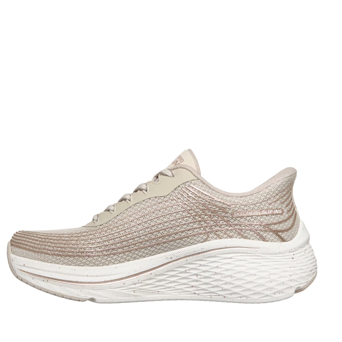 A natural gold Skechers Women's Slip In Max Cushioning Elite 2.0 Kaplan Trainer featuring a textured mesh upper, plush Air-Cooled Memory Foam insole, white cushioned sole, and subtle side branding., 52690, 52691, 199703303249, 52693, 199703303263