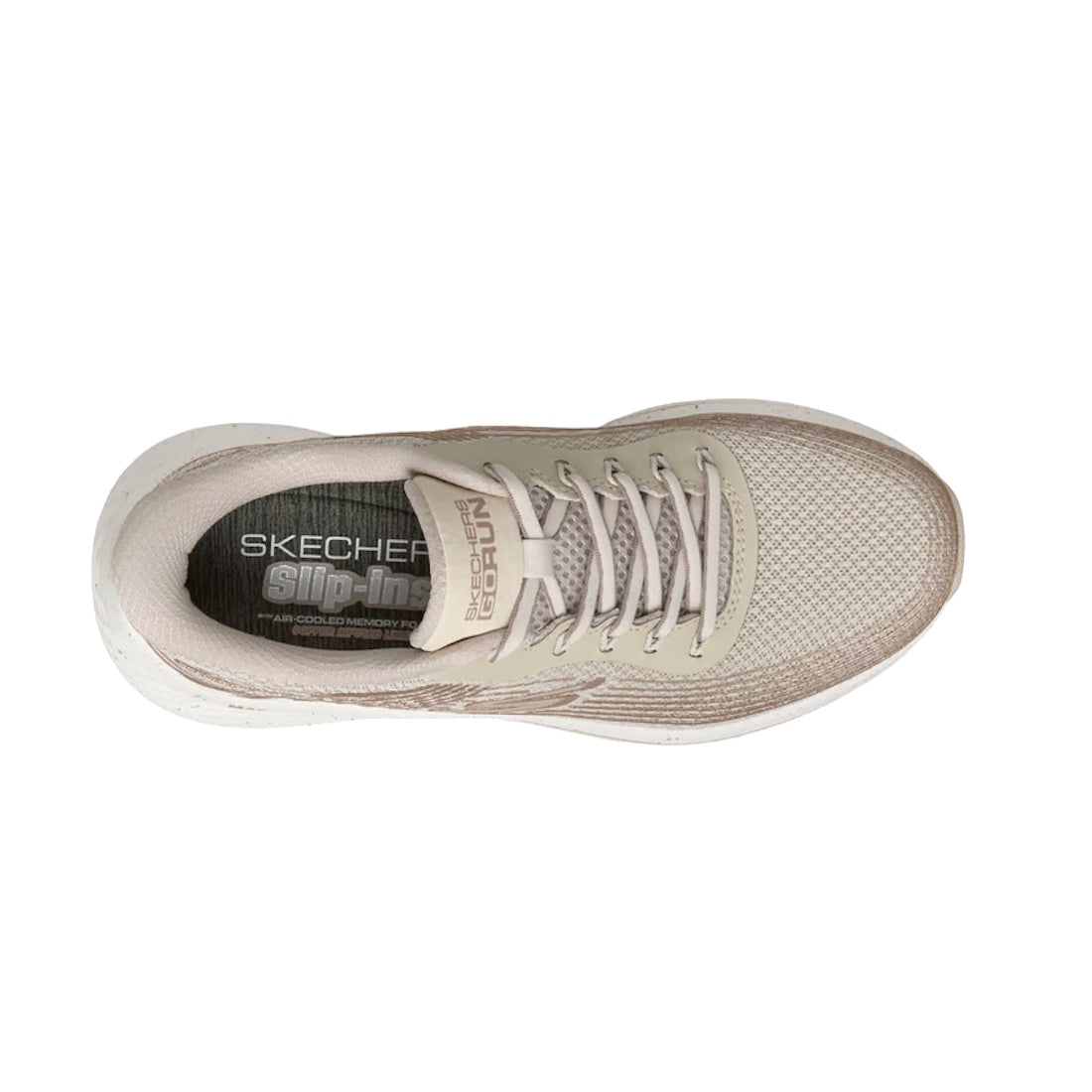 Top view of the Skechers Womens Slip In Max Cushioning Elite 2.0 Kaplan Trainer in Natural Gold, featuring a beige mesh upper, laces, visible insole branding, and Air-Cooled Memory Foam for enhanced comfort., 52690, 52691, 199703303249, 52693, 19970330326
