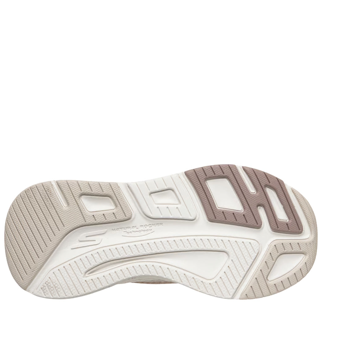 The image displays the sole of the Skechers Womens Slip In Max Cushioning Elite 2.0 Kaplan Trainer in Natural Gold, showcasing a textured beige and white design with brown accents and the signature S Skechers logo near the center. This model features Skec
