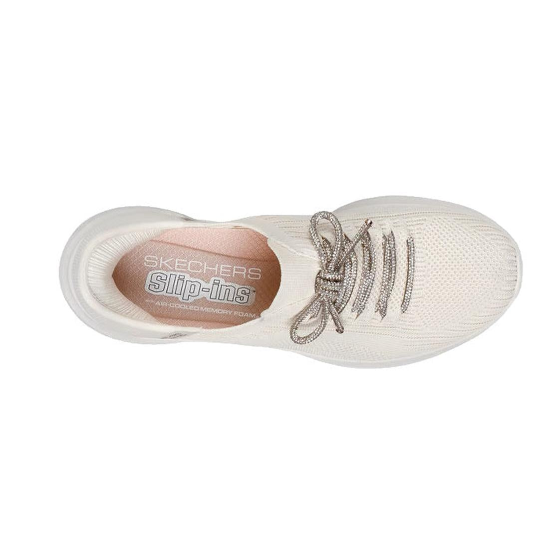 Top view of a white Skechers Womens Slip-ins Ultra Flex 3.0 - Diamond Dreamer Natural Gold athletic shoe with mesh fabric, gray patterned laces, and a visible Air-Cooled Memory Foam insole featuring Skechers and Slip-ins branding., 198376643225, 50148, 19